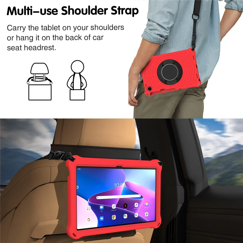 For Lenovo Tab M10 Plus (3rd Gen) / Xiaoxin Pad 2022 10.6 inch Spider Web Texture Shockproof EVA Case 360 Degree Rotation Kickstand Anti-scratch Cover with Shoulder Strap - Red - Image 8