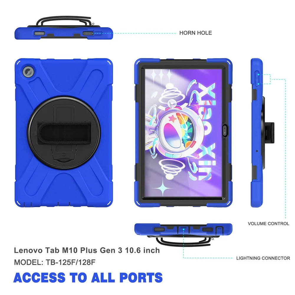 For Lenovo Tab M10 Plus (3rd Gen) / Xiaoxin Pad 2022 10.6 inch TB-125F / 128F 360 Degree Rotation Hand Strap Tablet Case Anti-drop PC + Silicone Kickstand Cover - Blue - Image 2