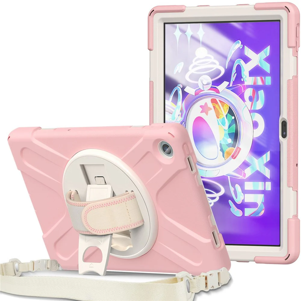 For Lenovo Tab M10 Plus (3rd Gen) / Xiaoxin Pad 2022 10.6 inch TB-125F / TB-128F 360 Degree Rotatable Hand Strap Tablet Case PC + Silicone Kickstand Cover with Shoulder Strap - Cherry Blossom Pink