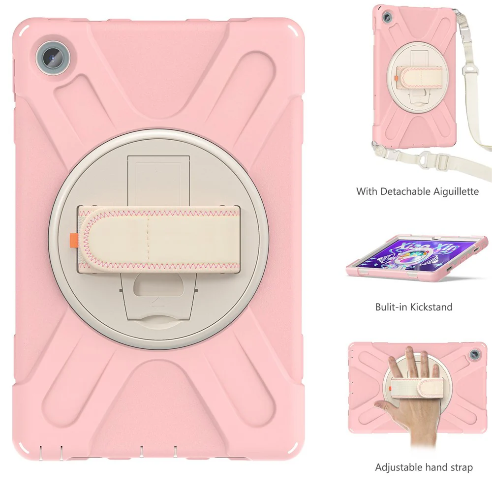 For Lenovo Tab M10 Plus (3rd Gen) / Xiaoxin Pad 2022 10.6 inch TB-125F / TB-128F 360 Degree Rotatable Hand Strap Tablet Case PC + Silicone Kickstand Cover with Shoulder Strap - Cherry Blossom Pink - Image 2