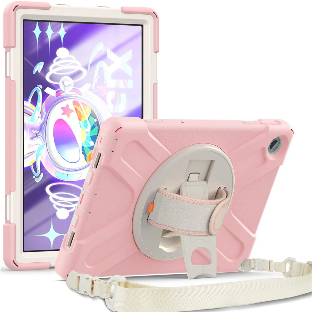 For Lenovo Tab M10 Plus (3rd Gen) / Xiaoxin Pad 2022 10.6 inch TB-125F / TB-128F 360 Degree Rotatable Hand Strap Tablet Case PC + Silicone Kickstand Cover with Shoulder Strap - Cherry Blossom Pink - Image 3