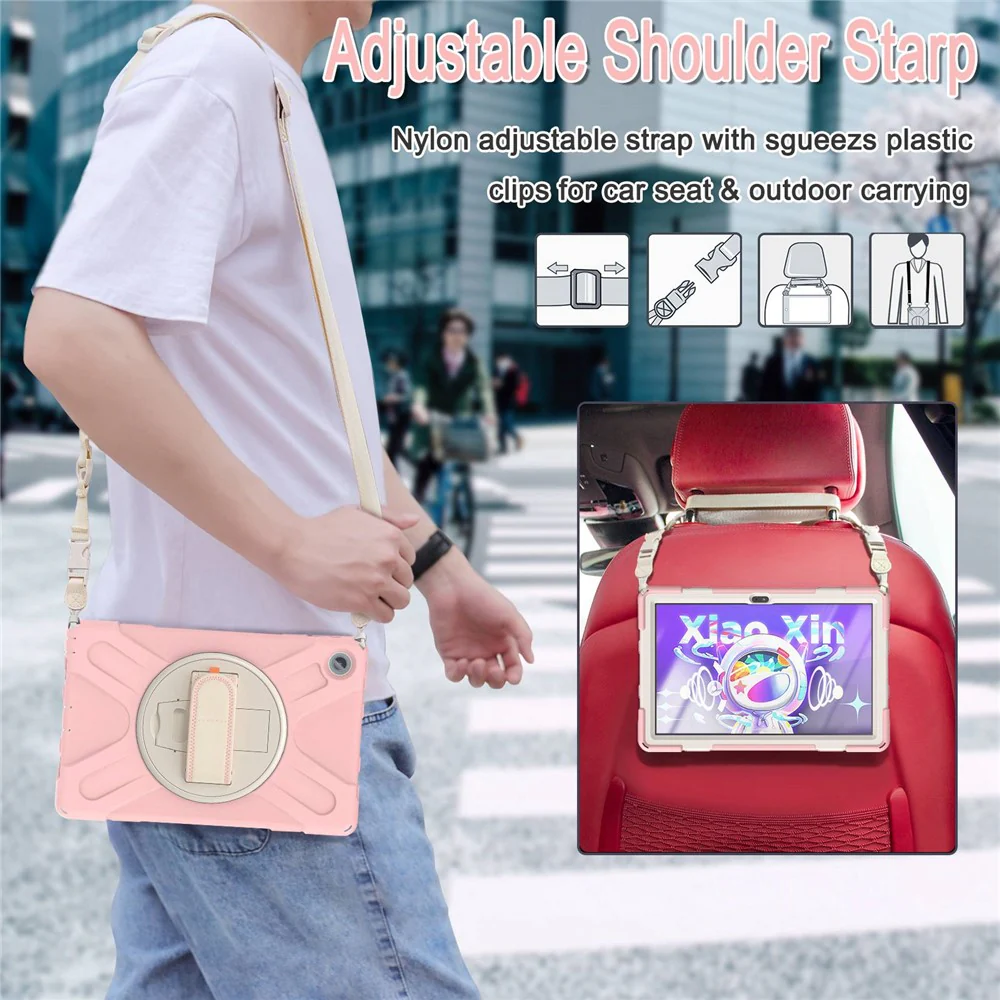 For Lenovo Tab M10 Plus (3rd Gen) / Xiaoxin Pad 2022 10.6 inch TB-125F / TB-128F 360 Degree Rotatable Hand Strap Tablet Case PC + Silicone Kickstand Cover with Shoulder Strap - Cherry Blossom Pink - Image 6