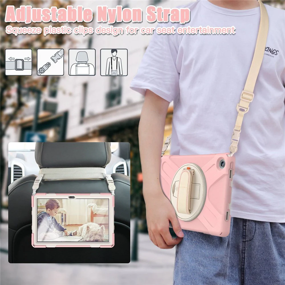 For Lenovo Tab M10 Plus (3rd Gen) / Xiaoxin Pad 2022 10.6 inch TB-125F / TB-128F 360 Degree Rotatable Hand Strap Tablet Case PC + Silicone Kickstand Cover with Shoulder Strap - Cherry Blossom Pink - Image 7