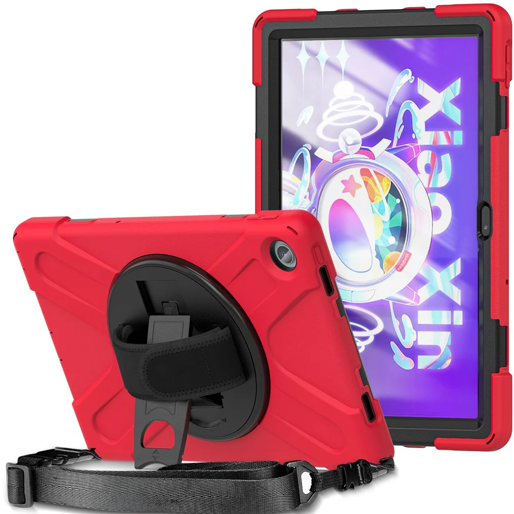 For Lenovo Tab M10 Plus (3rd Gen) / Xiaoxin Pad 2022 10.6 inch TB-125F / TB-128F 360 Degree Rotatable Hand Strap Tablet Case PC + Silicone Kickstand Cover with Shoulder Strap - Red