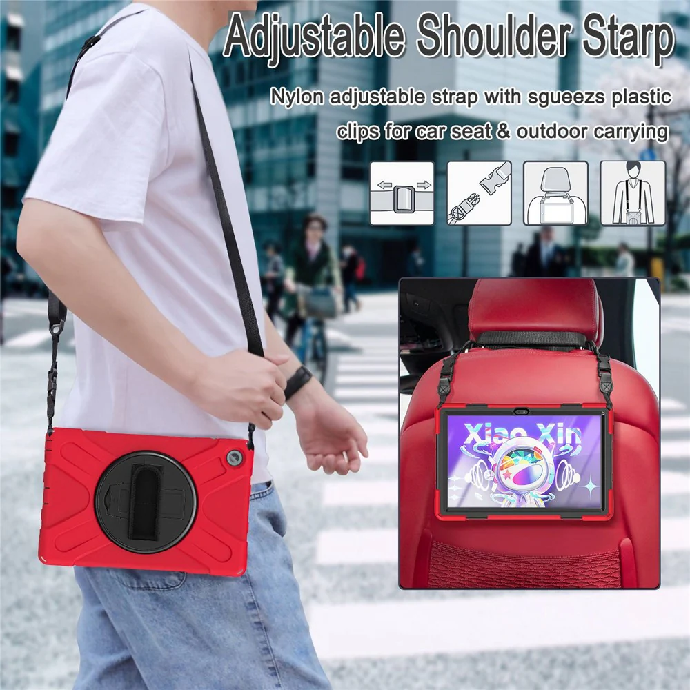 For Lenovo Tab M10 Plus (3rd Gen) / Xiaoxin Pad 2022 10.6 inch TB-125F / TB-128F 360 Degree Rotatable Hand Strap Tablet Case PC + Silicone Kickstand Cover with Shoulder Strap - Red - Image 6