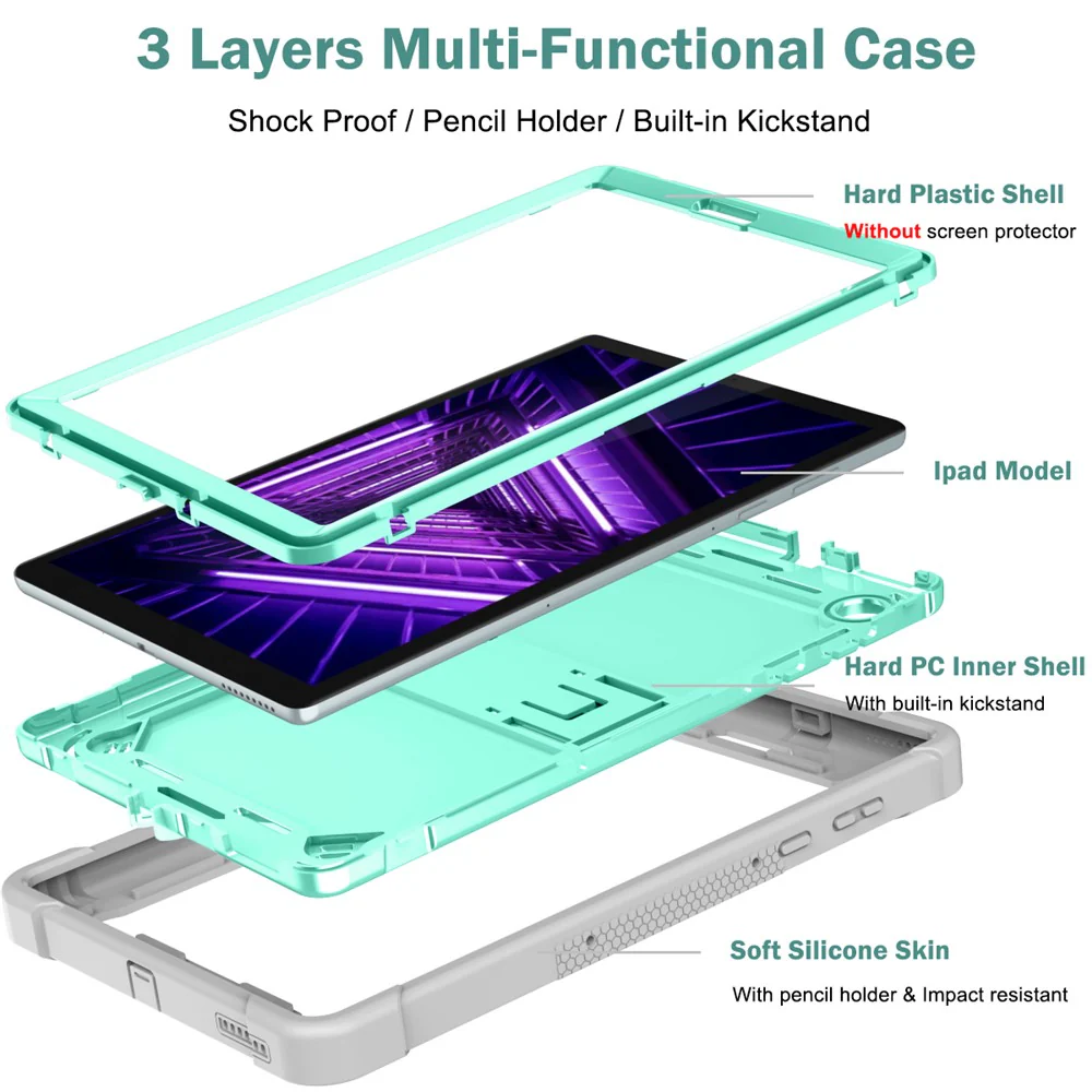 For Lenovo Tab M10 Plus Kickstand Tablet Case Silicone + PC Rugged Kids Protective Cover - Grey+Mint Green - Image 4
