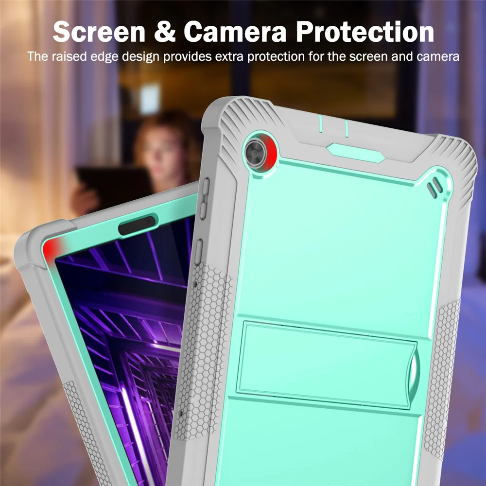 For Lenovo Tab M10 Plus Kickstand Tablet Case Silicone + PC Rugged Kids Protective Cover - Grey+Mint Green - Image 6
