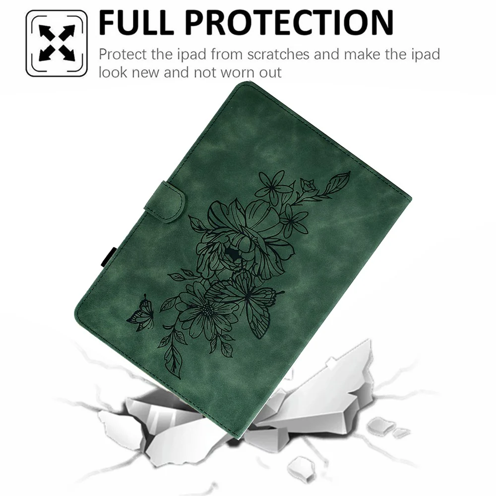 For Lenovo Tab M10 Plus TB-X606F Butterfly Flower Pattern Imprinted PU Leather Folio Case Stitching Line Card Holder Stand Smart Tablet Cover - Green - Image 5