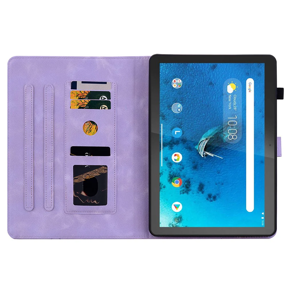 For Lenovo Tab M10 TB-X605F Tablet Case Leather Lily Flower Imprint Cover with Card Slots - Purple - Image 2