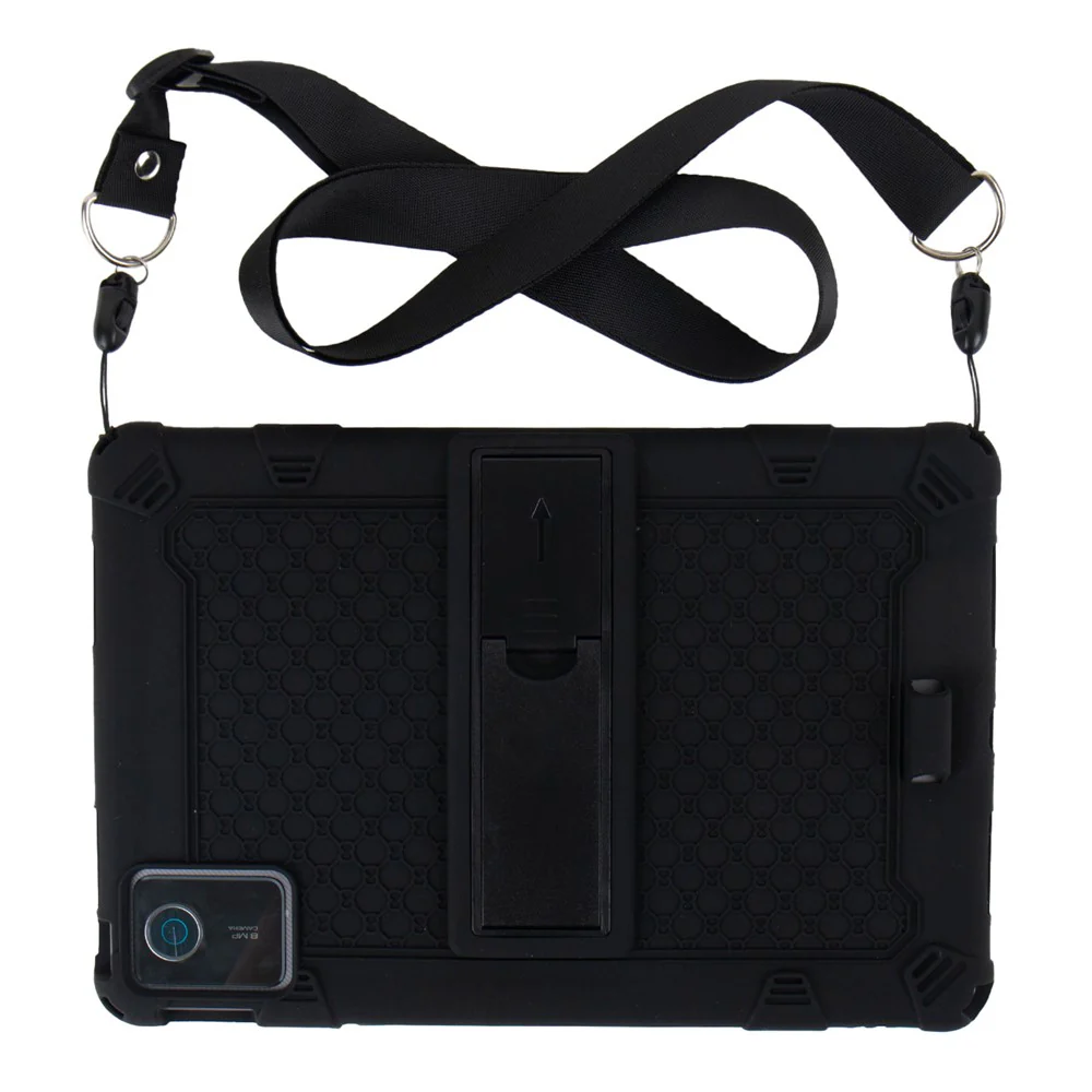 For Lenovo Tab M11 Case Retro Textured PC Kickstand Silicone Tablet Cover with Shoulder Strap - Black - Image 4