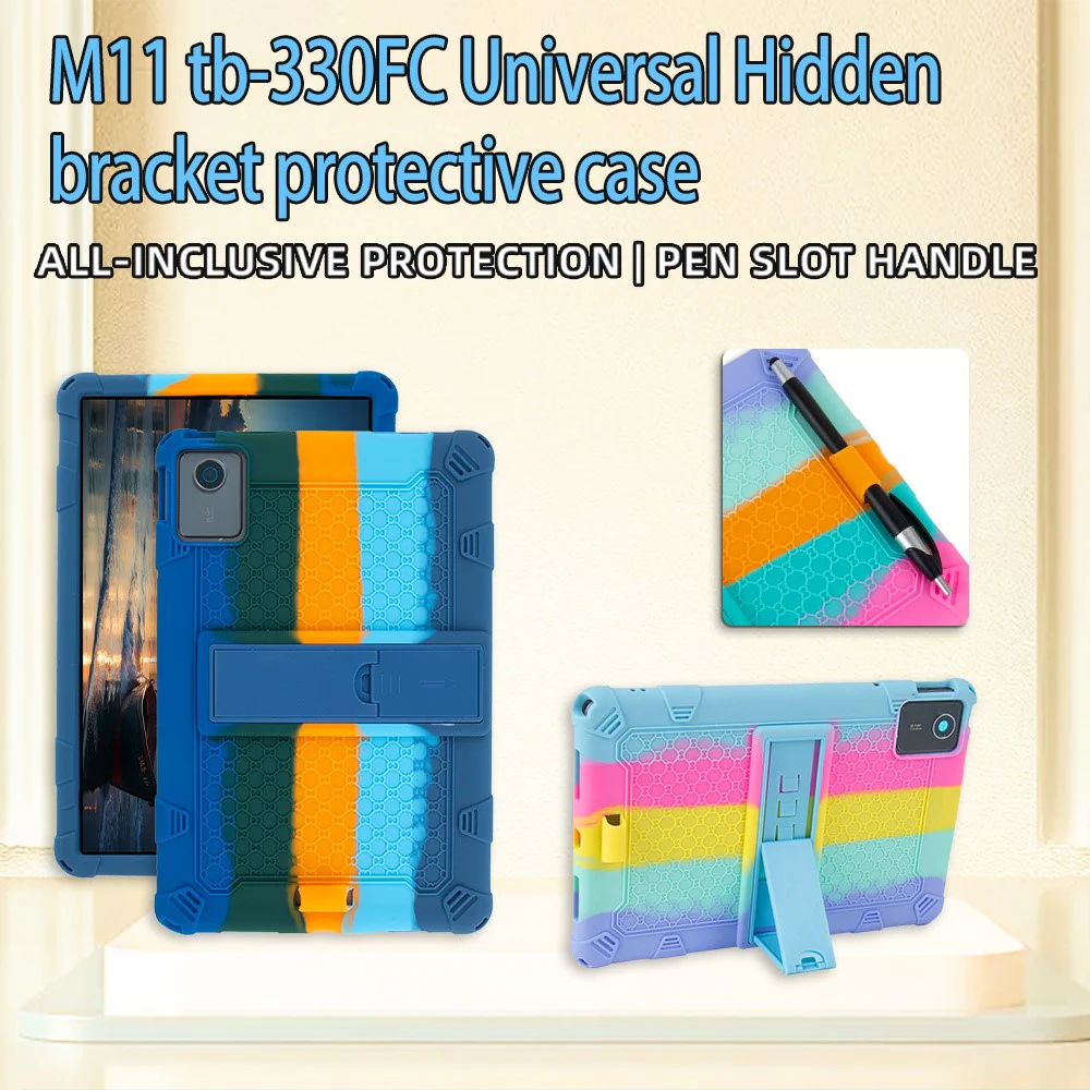 For Lenovo Tab M11 Case Retro Textured PC Kickstand Silicone Tablet Cover with Shoulder Strap - Colorful Dark Blue - Image 6