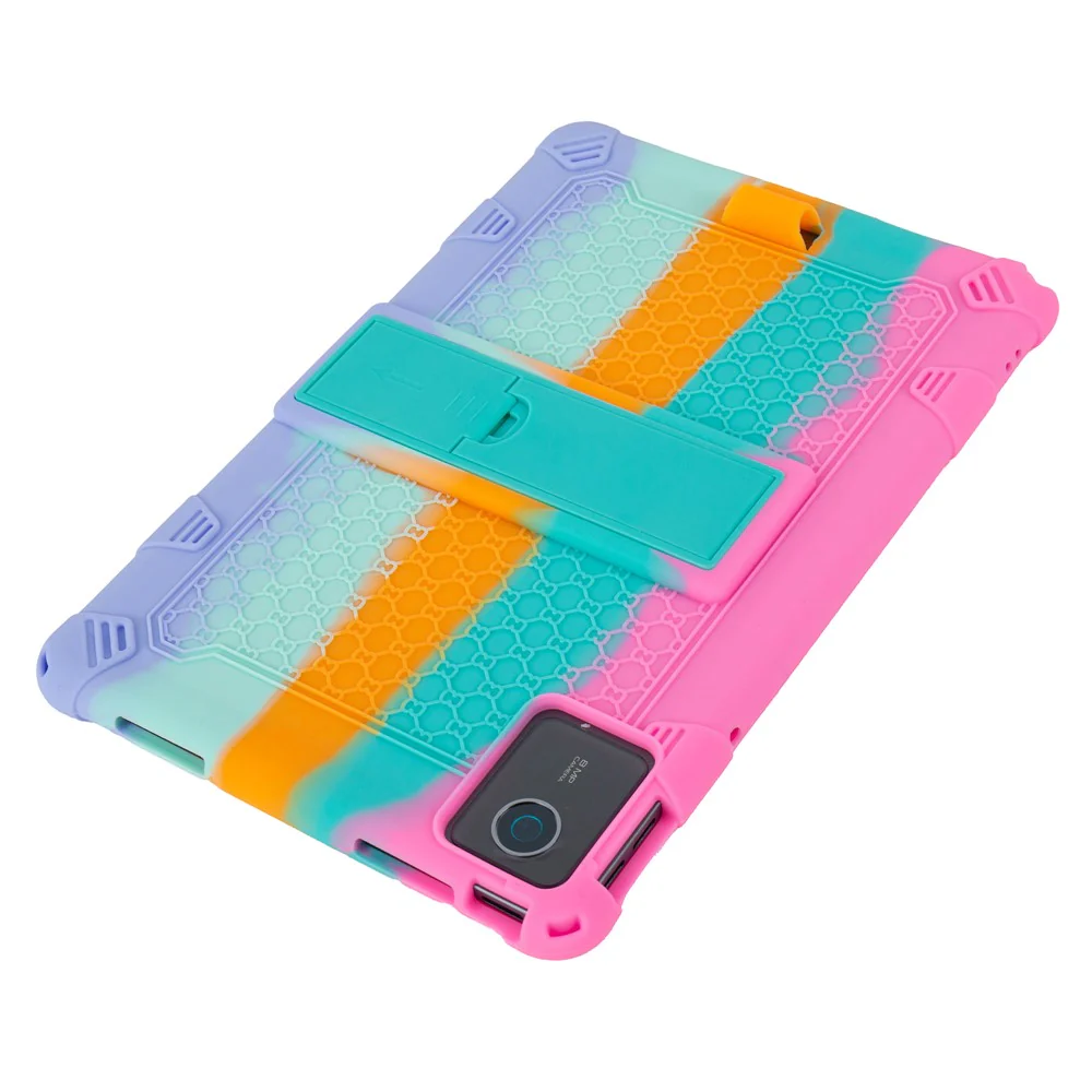 For Lenovo Tab M11 Case Retro Textured PC Kickstand Silicone Tablet Cover with Shoulder Strap - Colorful Pink - Image 5