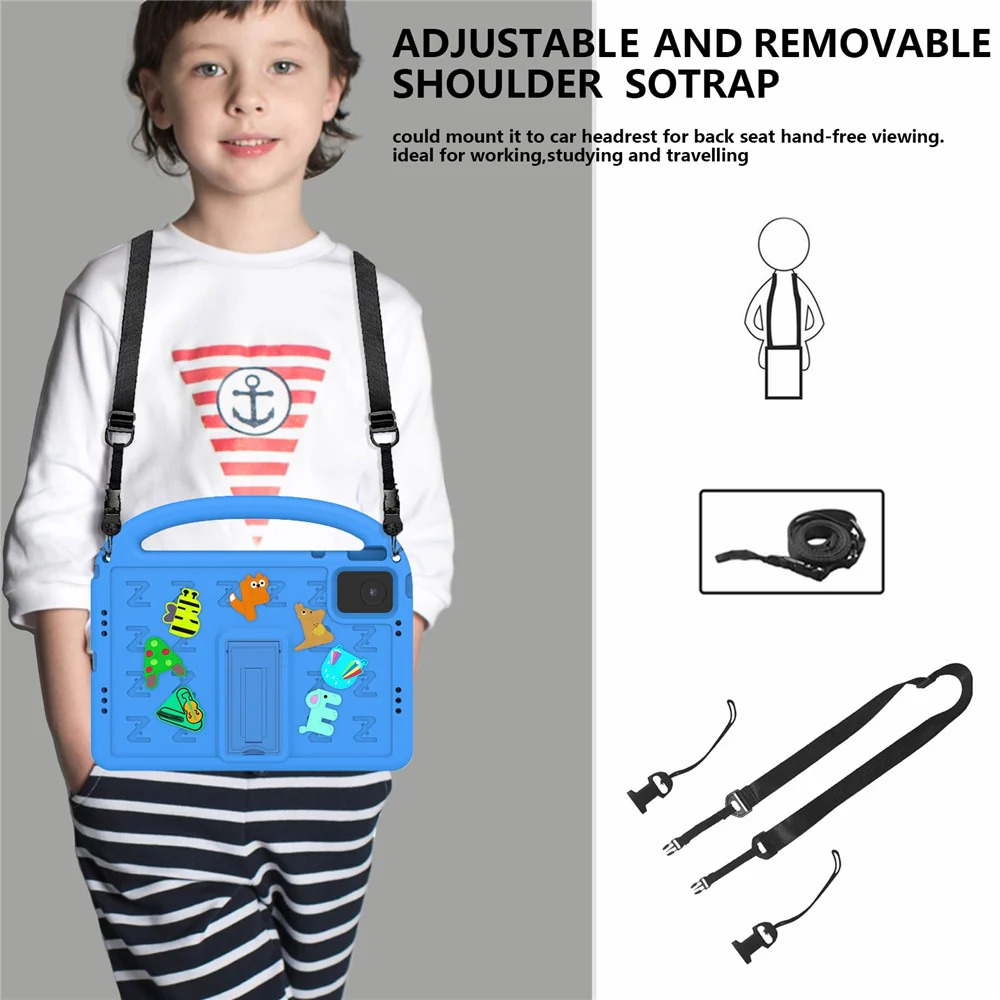 For Lenovo Tab M11 Kickstand Case Cartoon Design Anti-Drop EVA+PC Tablet Cover with Strap - Blue - Image 3