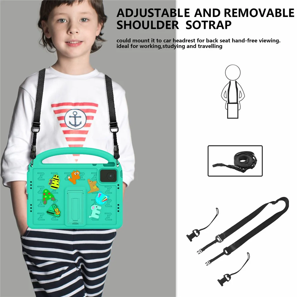 For Lenovo Tab M11 Kickstand Case Cartoon Design Anti-Drop EVA+PC Tablet Cover with Strap - Green - Image 3