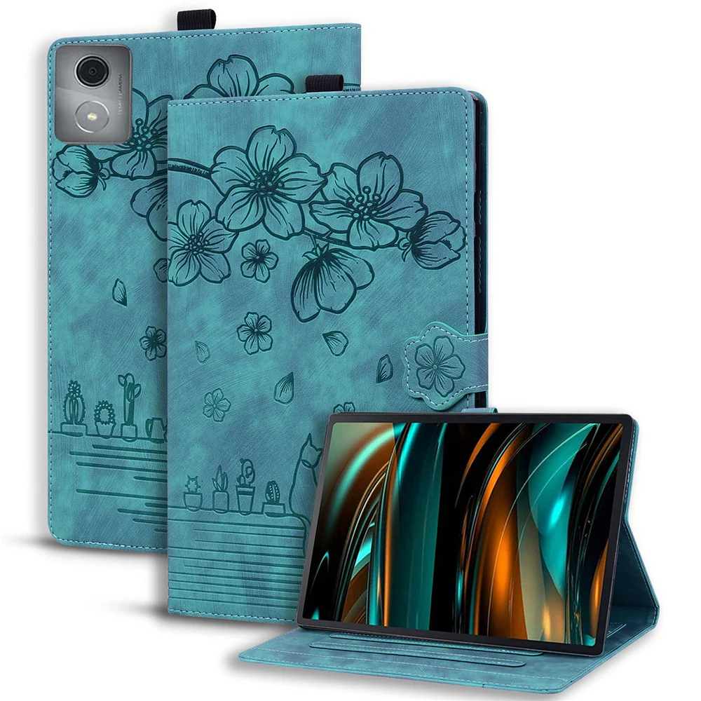 For Lenovo Tab M11 Plus / Tab K11 Plus Case Leather Stand Tablet Cover Flower Cat Card Slots - Green - Image 2