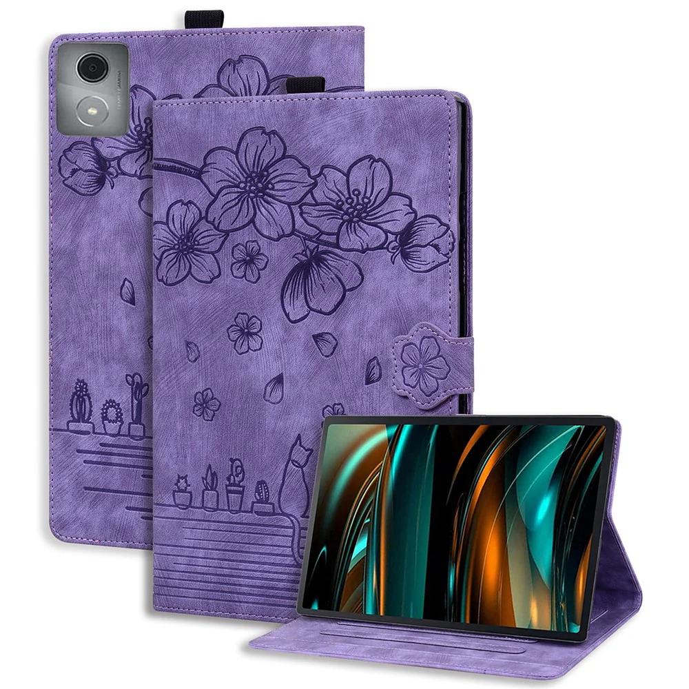 For Lenovo Tab M11 Plus / Tab K11 Plus Case Leather Stand Tablet Cover Flower Cat Card Slots - Purple - Image 2