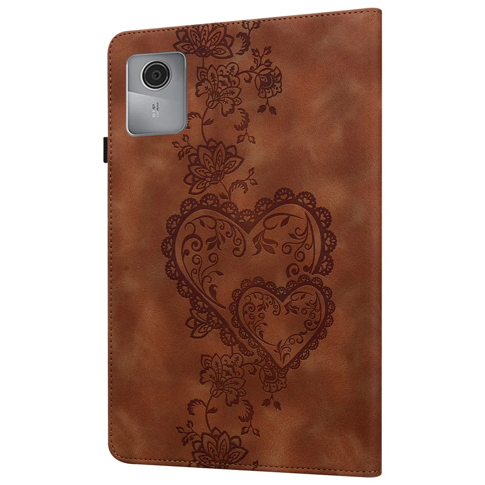 For Lenovo Tab M11 (TB-330FC)  /  Xiaoxin Pad 11 2024 (TB-331FC) Leather Case Heart Imprint Foldable Stand Card Slot Stylus Holder Tablet Cover - Brown - Image 8