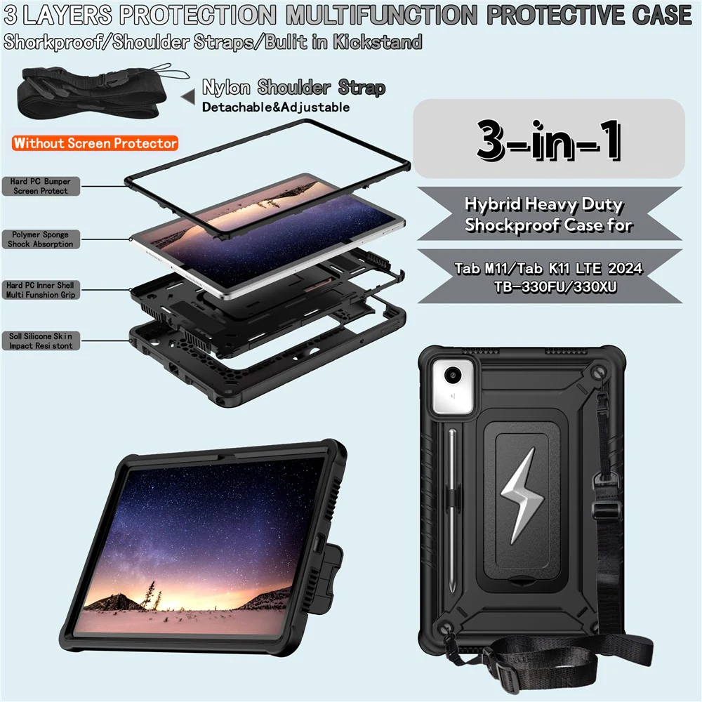 For Lenovo Tab M11 TB330FU / Xiaoxin Pad 11 2024 TB331FC Case Kickstand PC + Silicone Tablet Cover with Shoulder Strap - Black - Image 7