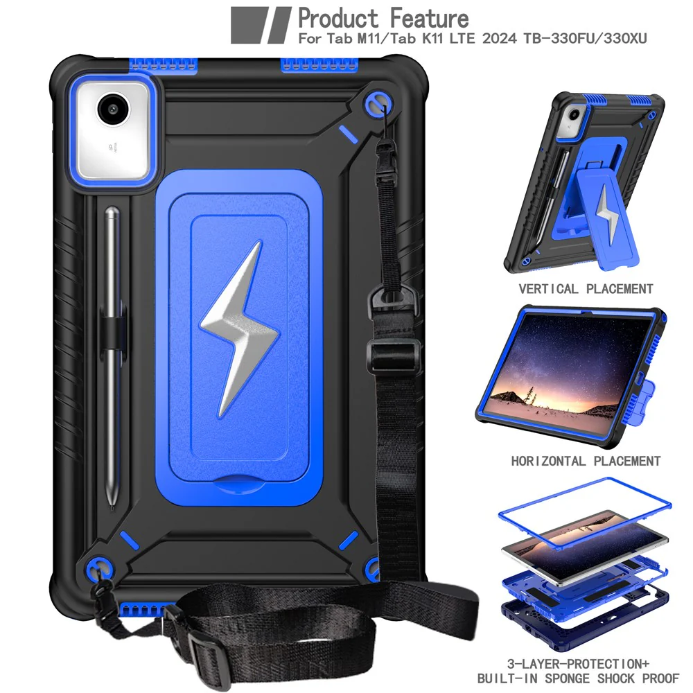 For Lenovo Tab M11 TB330FU / Xiaoxin Pad 11 2024 TB331FC Case Kickstand PC + Silicone Tablet Cover with Shoulder Strap - Black + Blue - Image 2