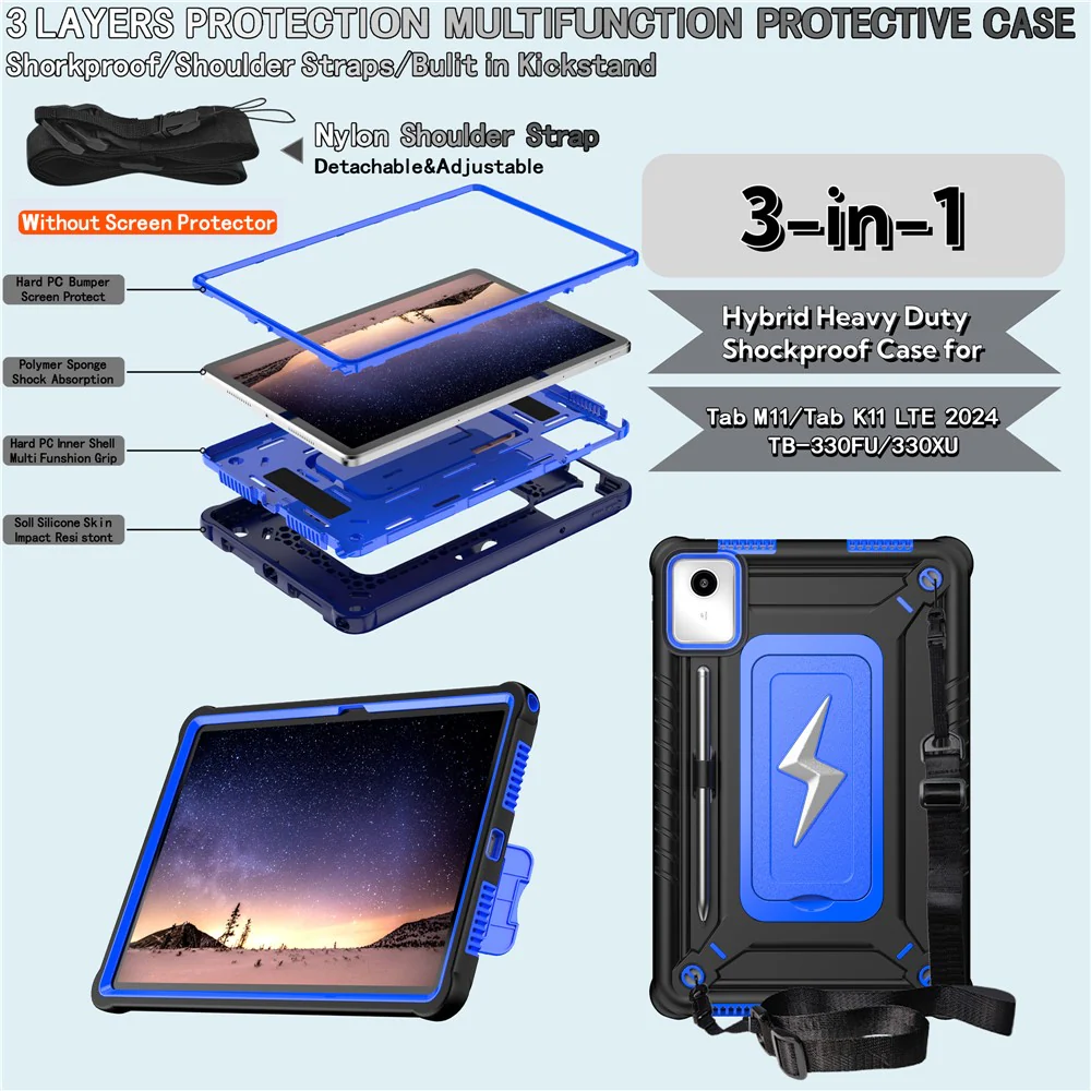 For Lenovo Tab M11 TB330FU / Xiaoxin Pad 11 2024 TB331FC Case Kickstand PC + Silicone Tablet Cover with Shoulder Strap - Black + Blue - Image 7