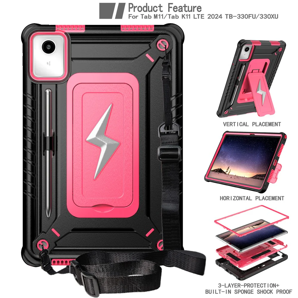 For Lenovo Tab M11 TB330FU / Xiaoxin Pad 11 2024 TB331FC Case Kickstand PC + Silicone Tablet Cover with Shoulder Strap - Black + Rose - Image 2