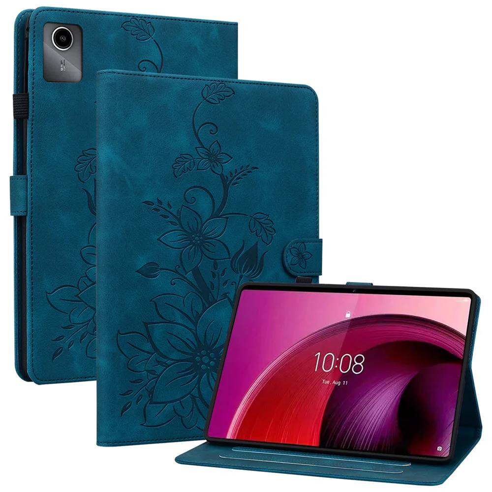 For Lenovo Tab M11 / Xiaoxin Pad 11 2024 Case Card Slots Leather Tablet Cover Lily Flower - Blue