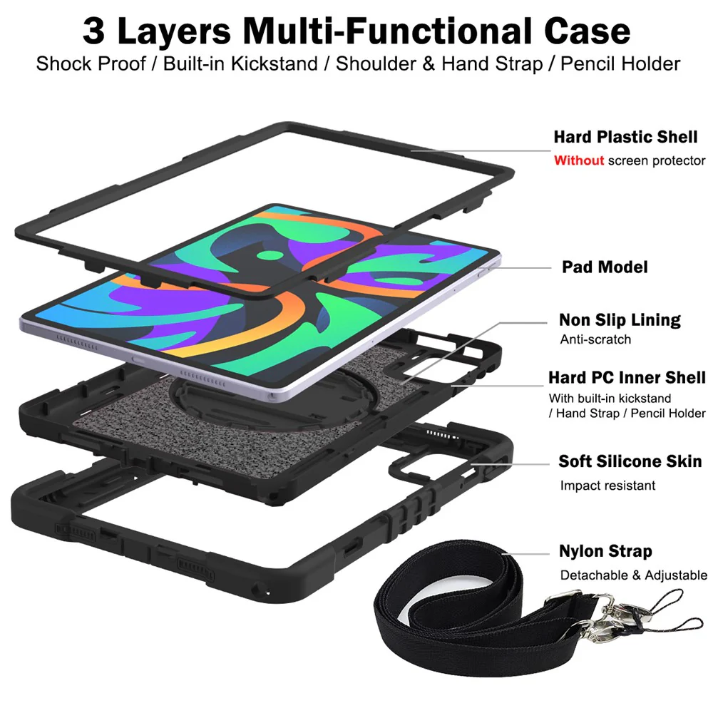 For Lenovo Tab M11 / Xiaoxin Pad 11 2024 Case Silicone+PC Kickstand Tablet Cover with Shoulder Strap - Black - Image 5