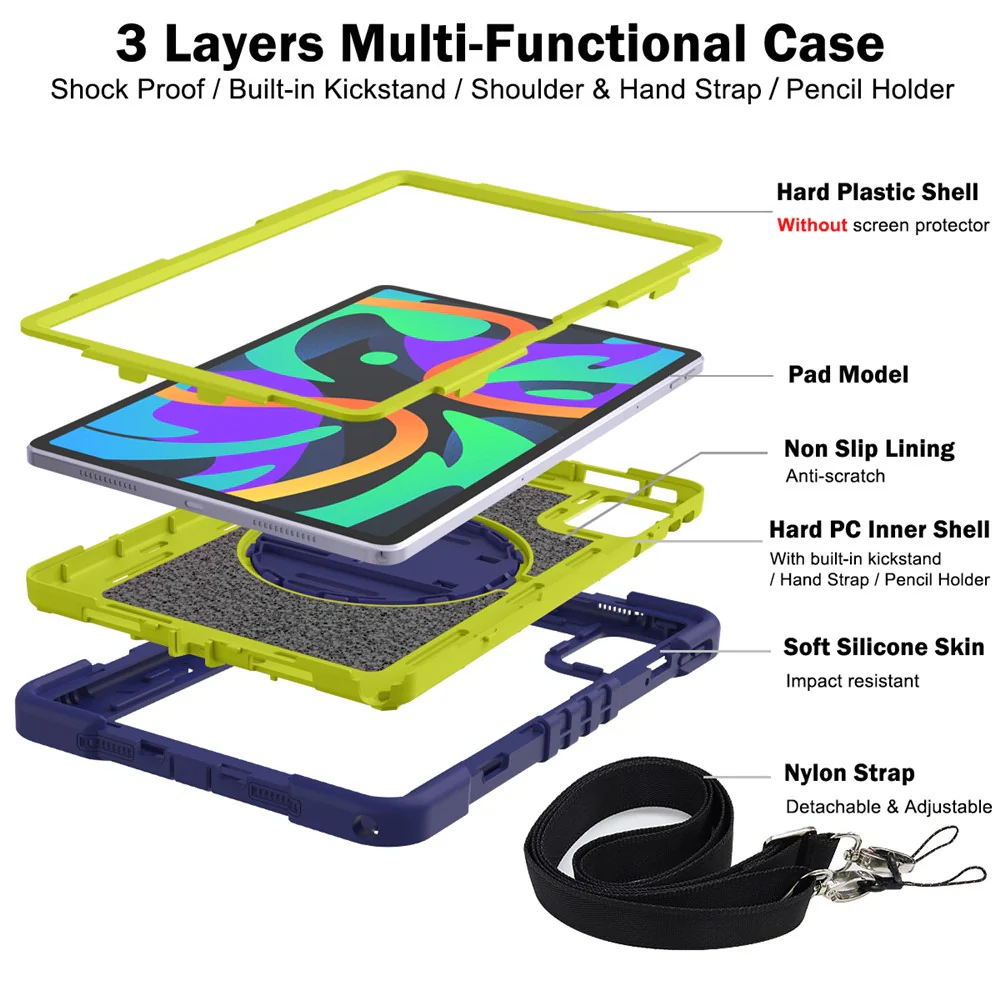 For Lenovo Tab M11 / Xiaoxin Pad 11 2024 Case Silicone+PC Kickstand Tablet Cover with Shoulder Strap - Navy Blue+Green - Image 5