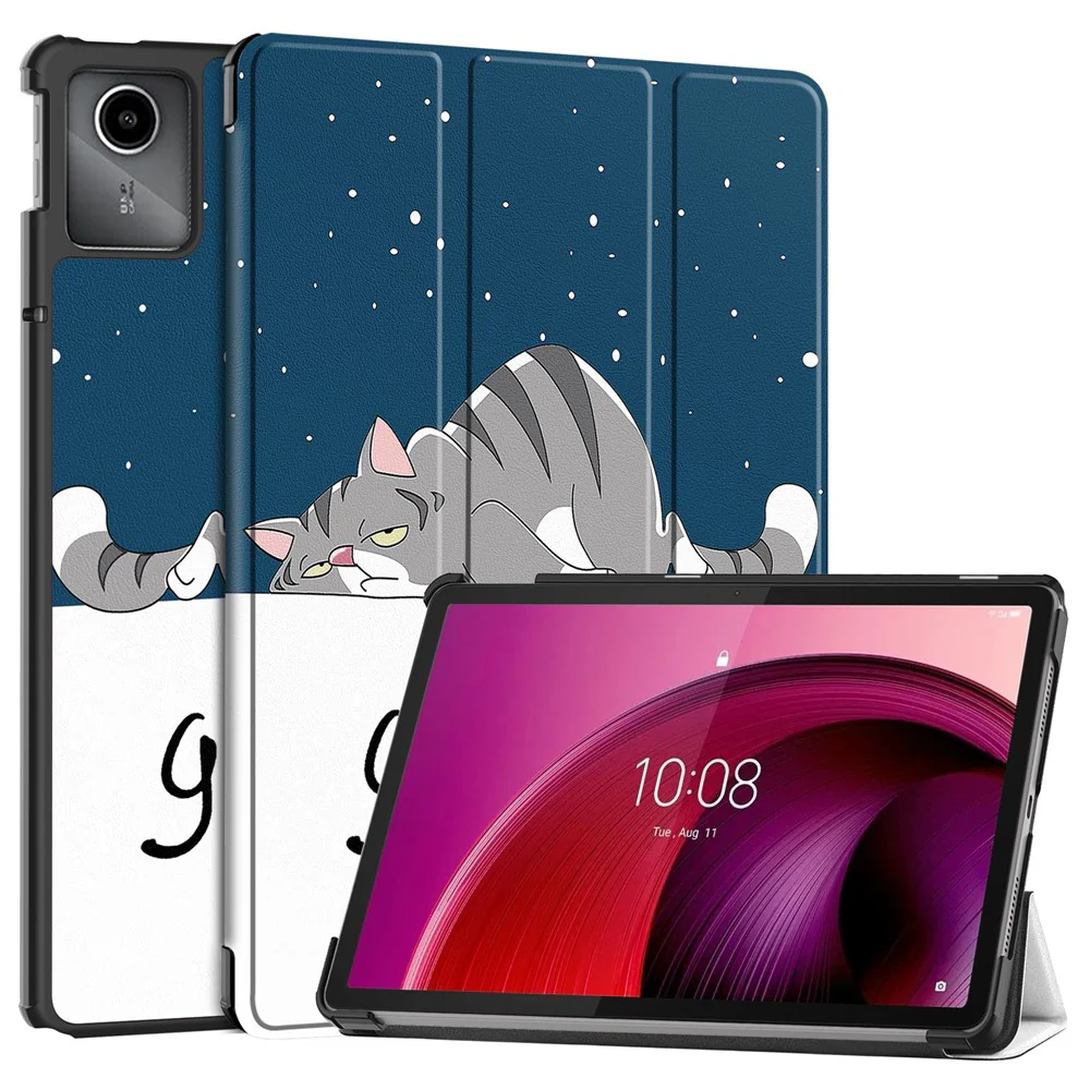For Lenovo Tab M11 / Xiaoxin Pad 11 2024 Case Trifold Stand Pattern Printing Tablet Leather Cover - Cat