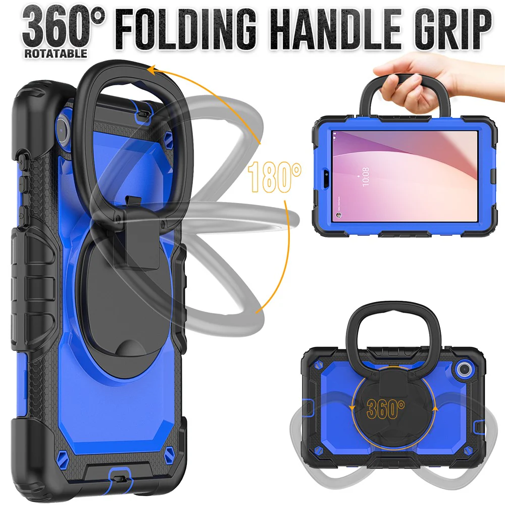 For Lenovo Tab M8 (4th Gen) 2024 TB-301XU / M8 (4th Gen) 2023 TB-300FU Case Rotary Kickstand Tablet Cover with Shoulder Strap - Black+Dark Blue PC - Image 3