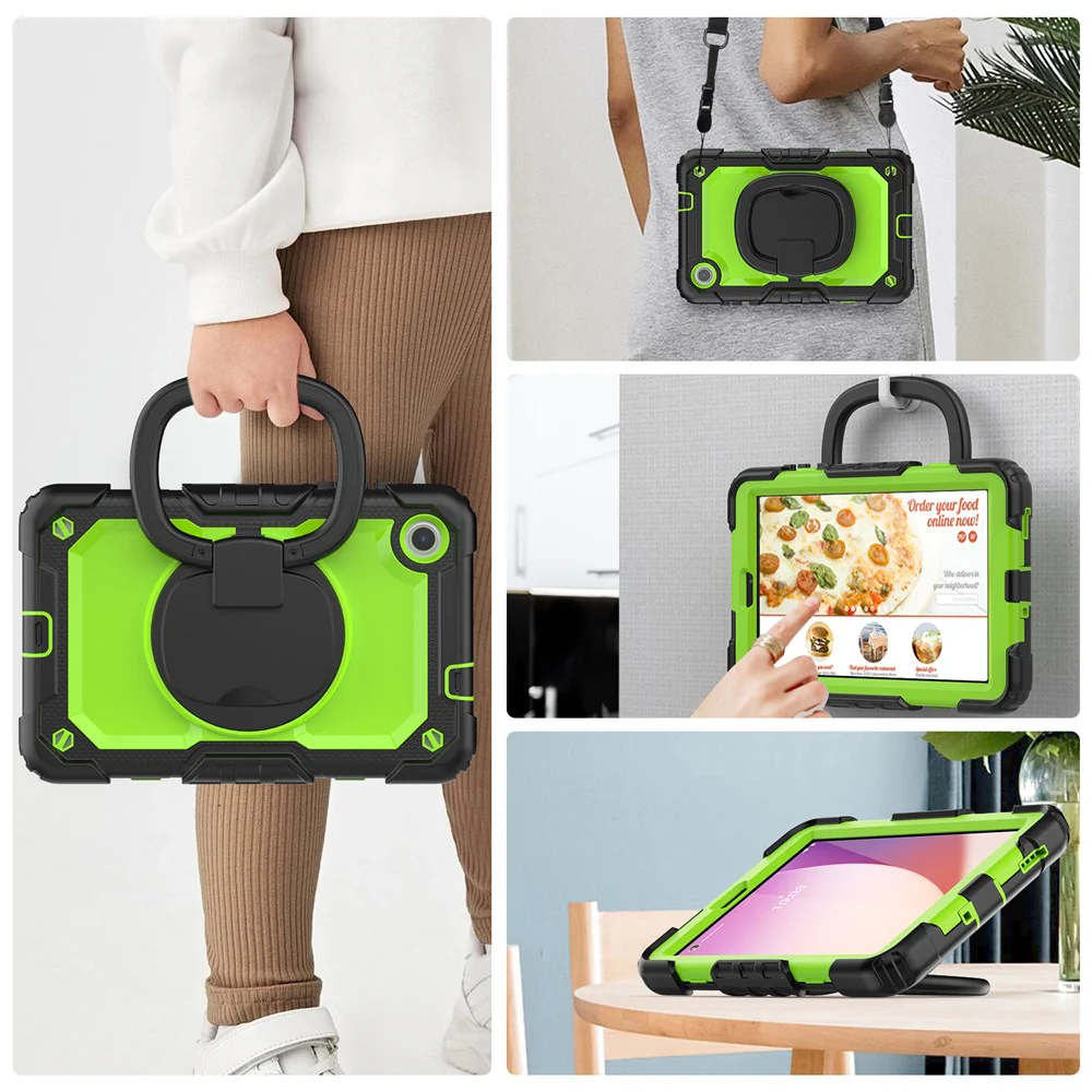 For Lenovo Tab M8 (4th Gen) 2024 TB-301XU / M8 (4th Gen) 2023 TB-300FU Case Rotary Kickstand Tablet Cover with Shoulder Strap - Black+Yellowgreen PC - Image 7