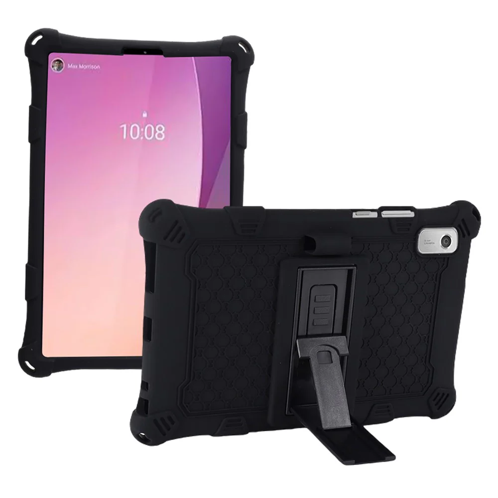 For Lenovo Tab M9 310FU Kickstand Tablet Silicone Case Retro Texture Anti-drop Tablet Cover - Black