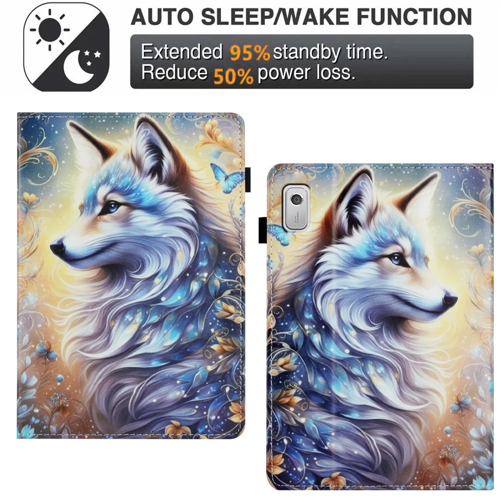 For Lenovo Tab M9 Case Pattern Leather Tablet Cover with Auto Sleep / Wake, Card Holder - White Wolf - Image 6