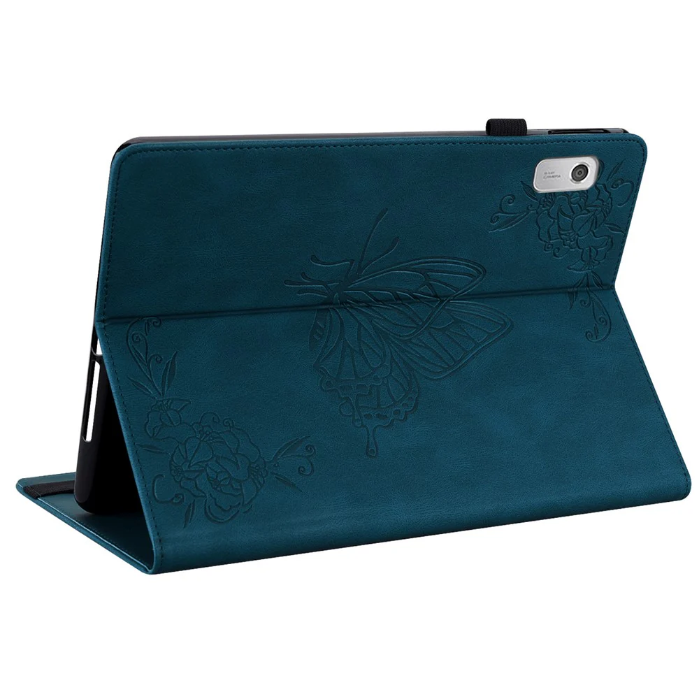 For Lenovo Tab M9 Imprinted Butterfly Flower PU Leather Card Holder Stand Tablet Case with Pen Loop - Dark Blue - Image 4