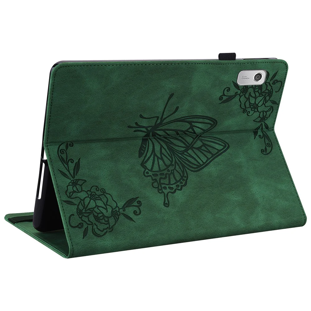 For Lenovo Tab M9 Imprinted Butterfly Flower PU Leather Card Holder Stand Tablet Case with Pen Loop - Green - Image 4
