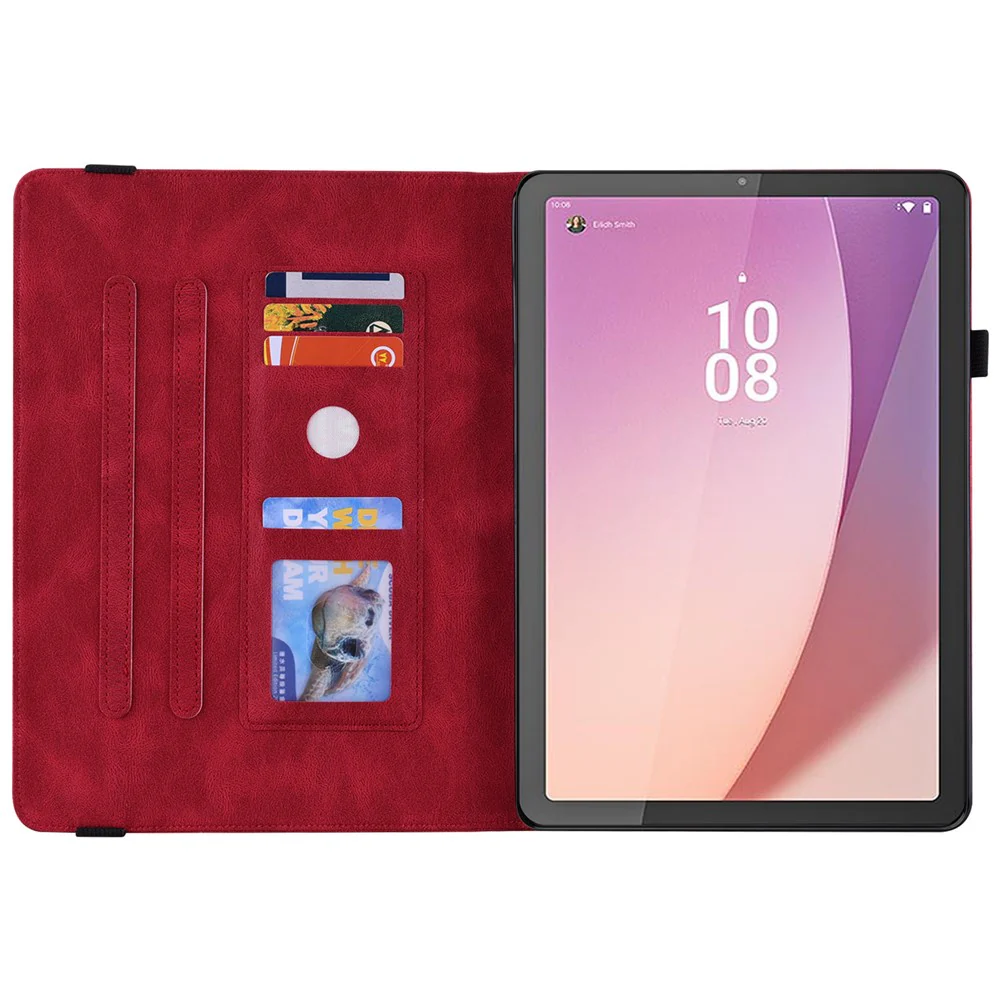 For Lenovo Tab M9 Imprinted Butterfly Flower PU Leather Card Holder Stand Tablet Case with Pen Loop - Red - Image 2
