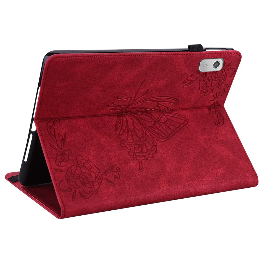 For Lenovo Tab M9 Imprinted Butterfly Flower PU Leather Card Holder Stand Tablet Case with Pen Loop - Red - Image 4