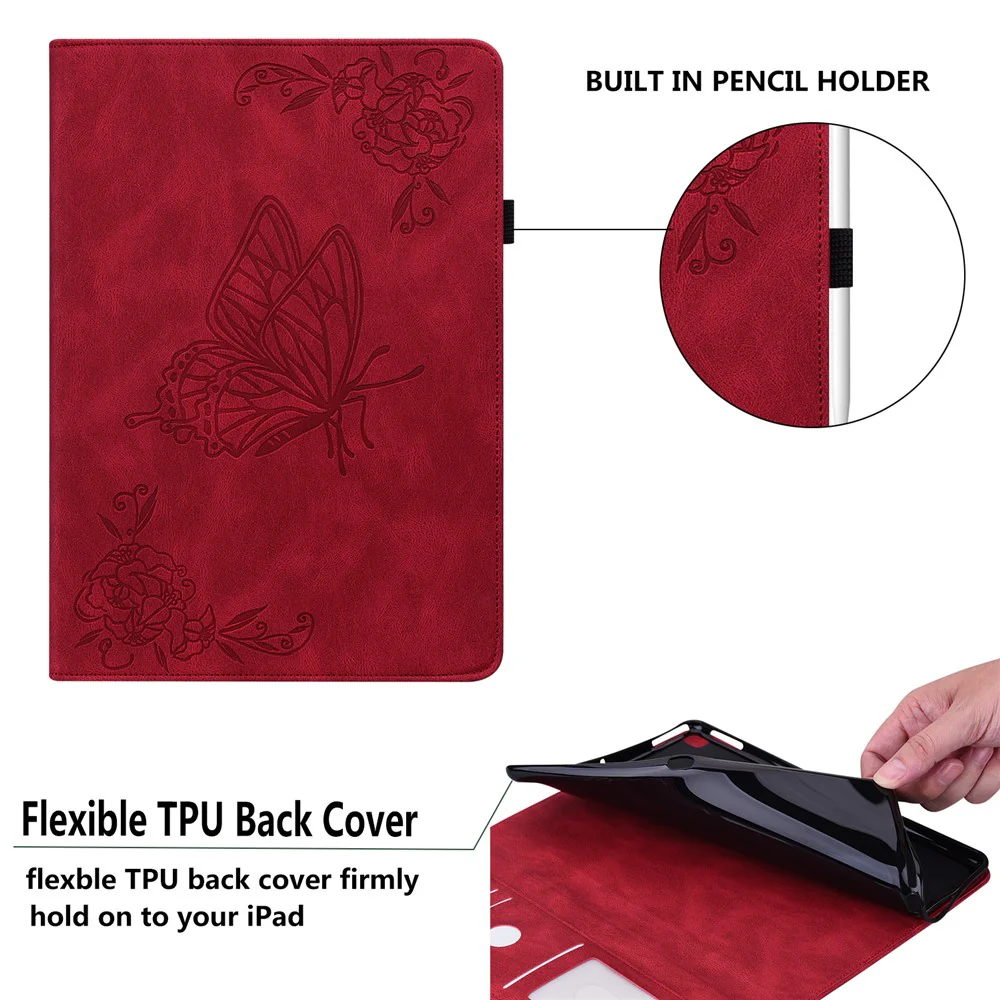 For Lenovo Tab M9 Imprinted Butterfly Flower PU Leather Card Holder Stand Tablet Case with Pen Loop - Red - Image 8