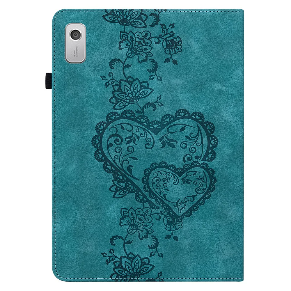 For Lenovo Tab M9 Leather Case Heart Imprint Foldable Stand Card Slot Stylus Holder Tablet Cover - Green - Image 8