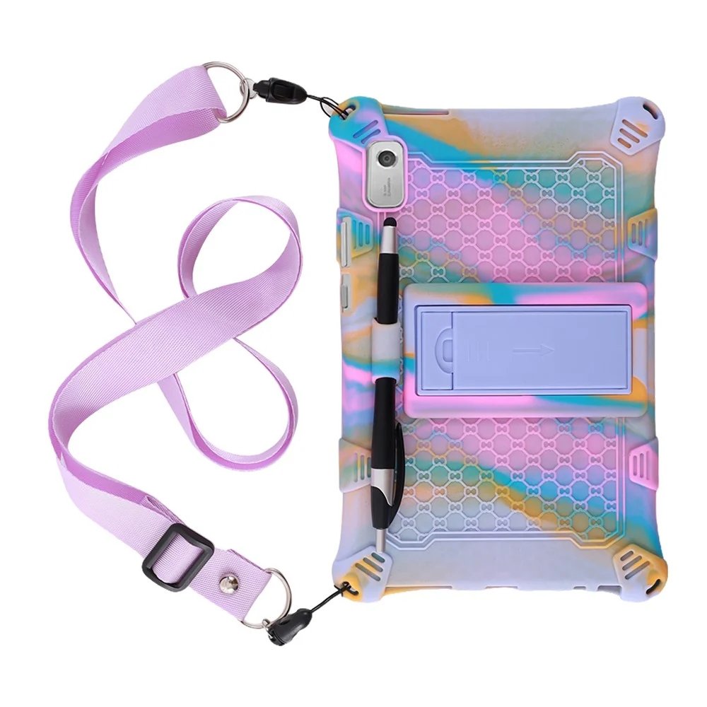 For Lenovo Tab M9 PC + Silicone Shock-Resistant Tablet Case Adjustable Kickstand Cover with Shoulder Strap - Camouflage Rose / Light Purple - Image 2
