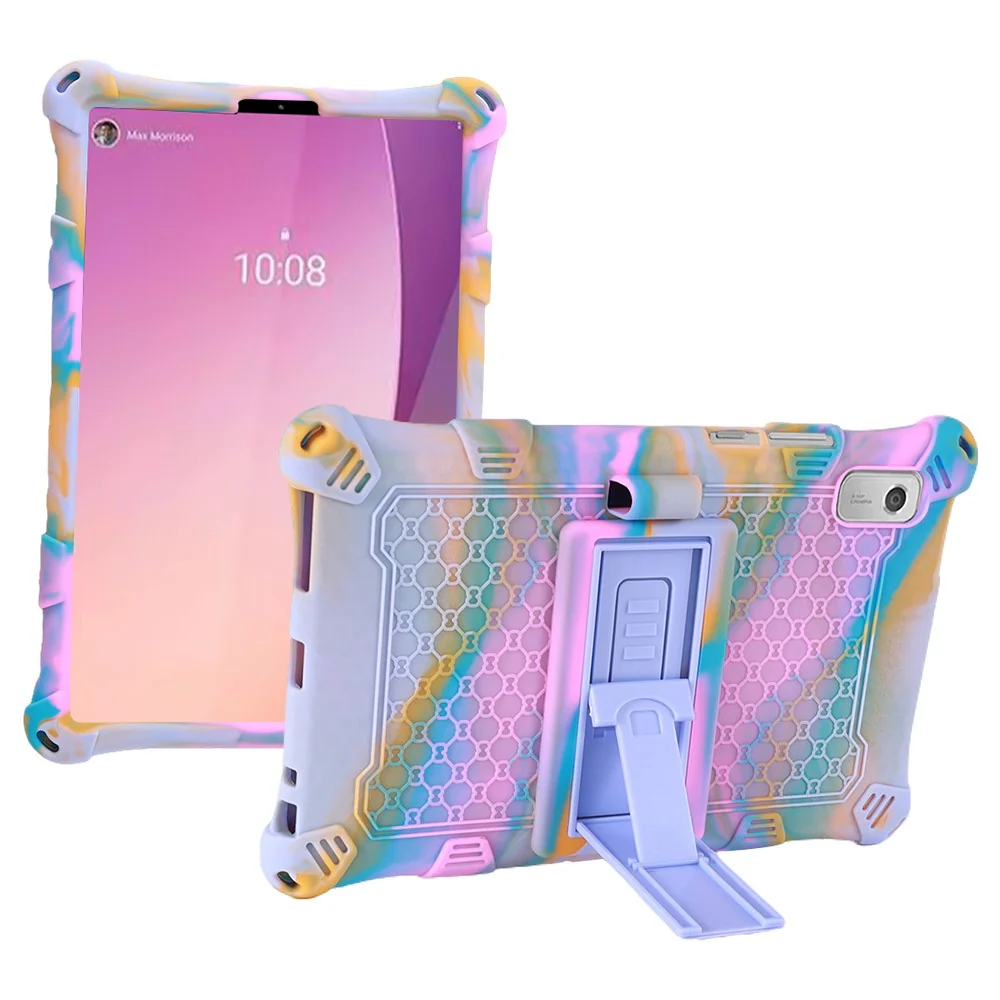 For Lenovo Tab M9 PC + Silicone Shock-Resistant Tablet Case Adjustable Kickstand Cover with Shoulder Strap - Camouflage Rose / Light Purple - Image 6