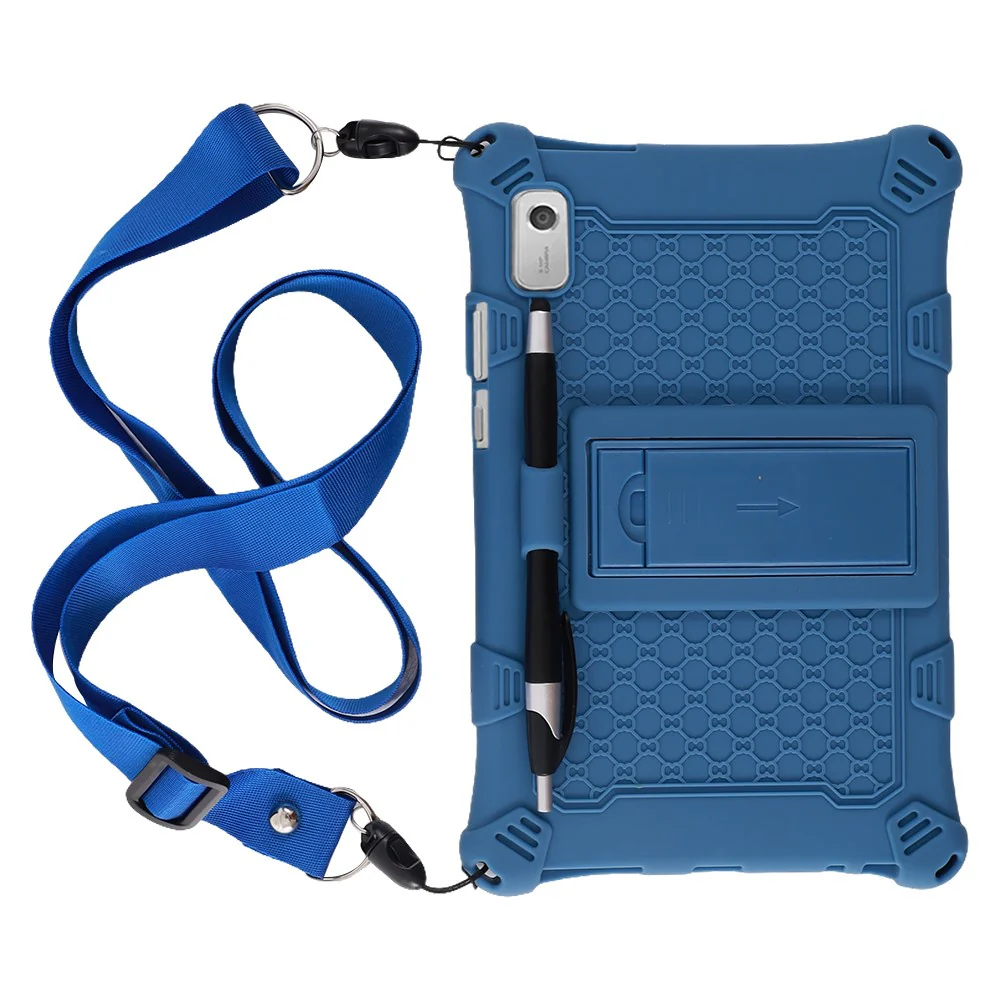 For Lenovo Tab M9 PC + Silicone Shock-Resistant Tablet Case Adjustable Kickstand Cover with Shoulder Strap - Dark Blue - Image 2