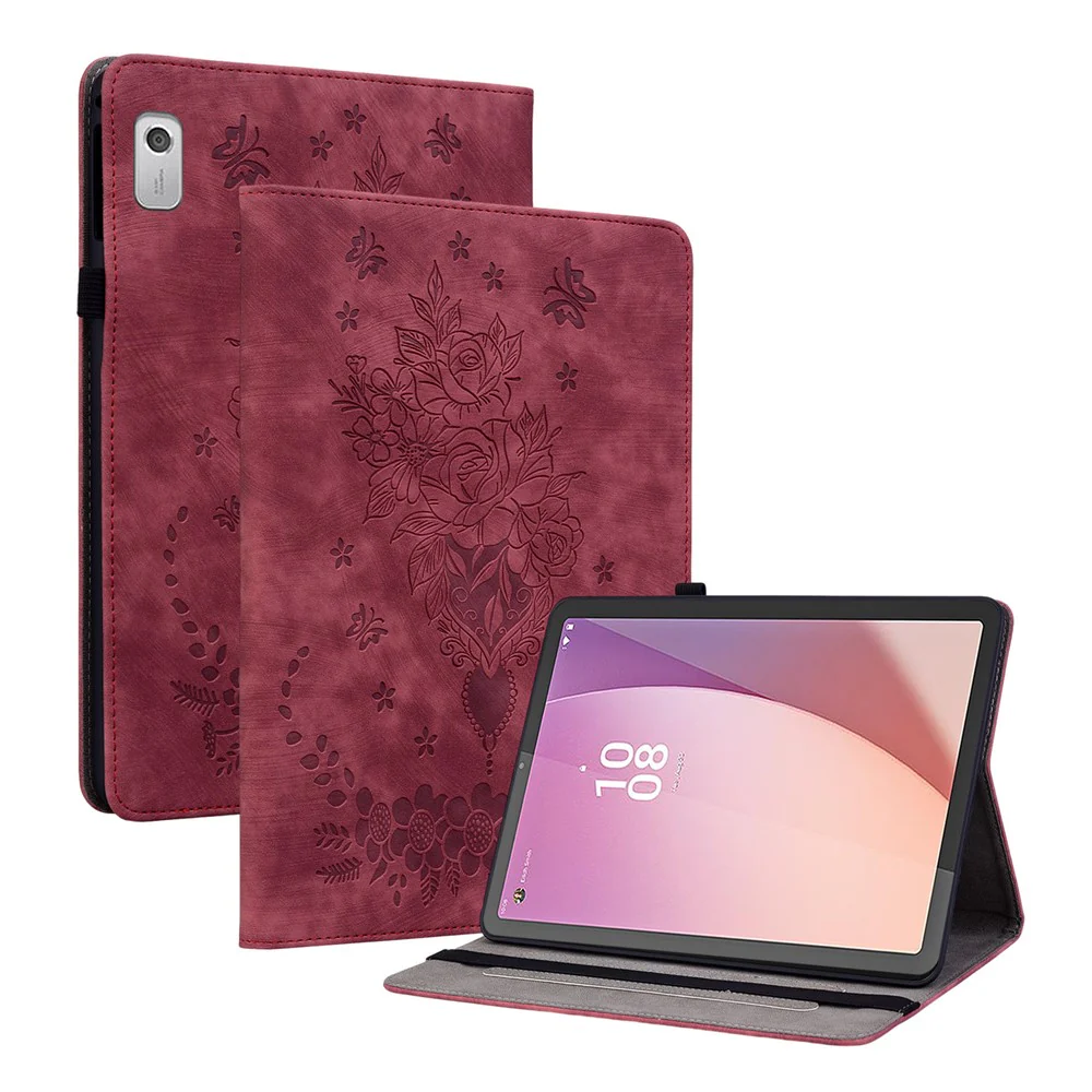 For Lenovo Tab M9 Stand Card Slots Tablet Case Imprinted PU Leather Protective Cover - Red