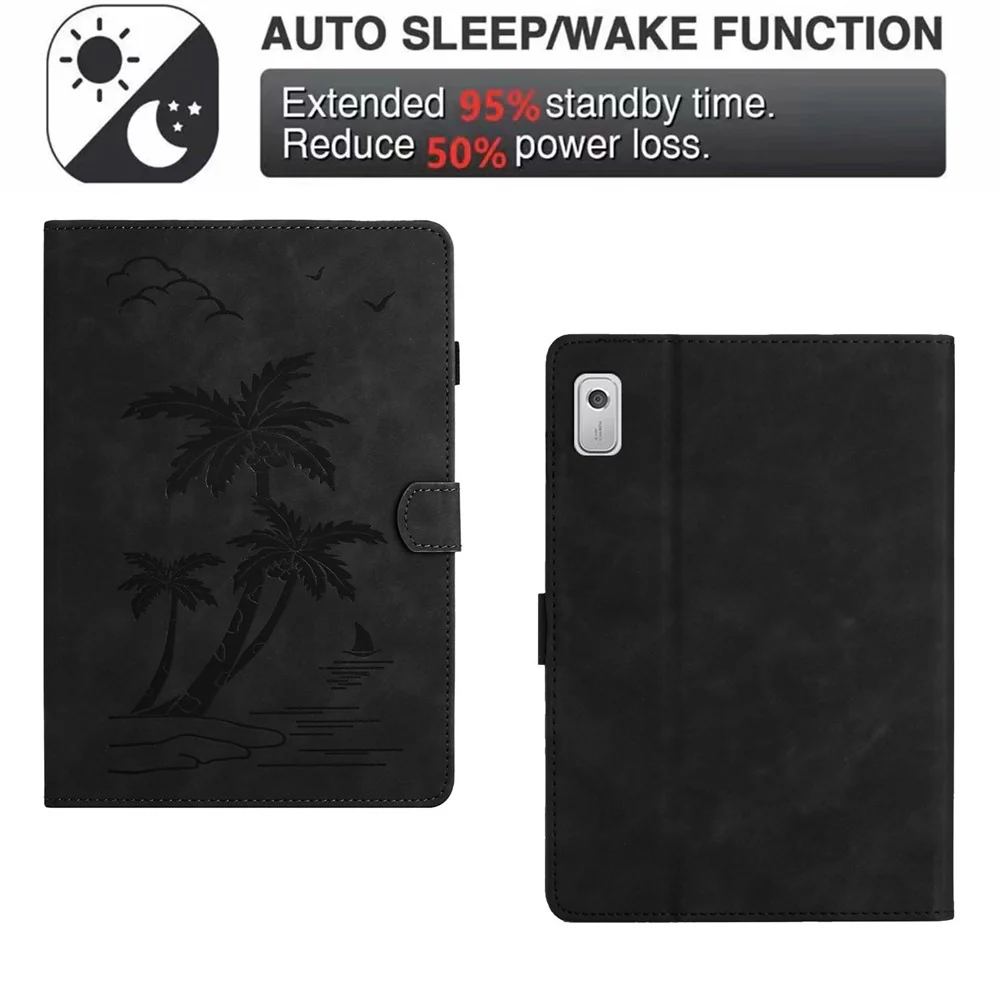 For Lenovo Tab M9 TB-310FU Case Card Slots PU Leather Coconut Tree Imprinted Tablet Cover Auto Wake / Sleep - Black - Image 6