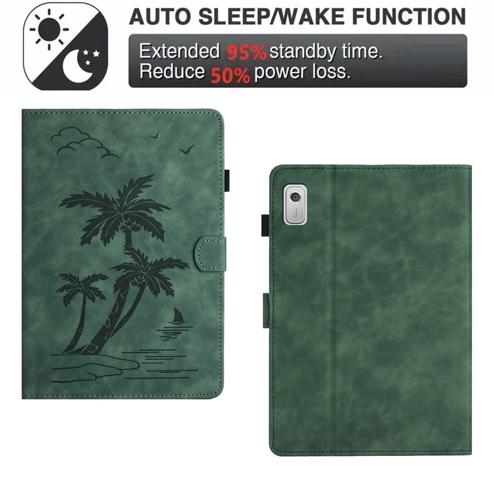For Lenovo Tab M9 TB-310FU Case Card Slots PU Leather Coconut Tree Imprinted Tablet Cover Auto Wake / Sleep - Green - Image 6
