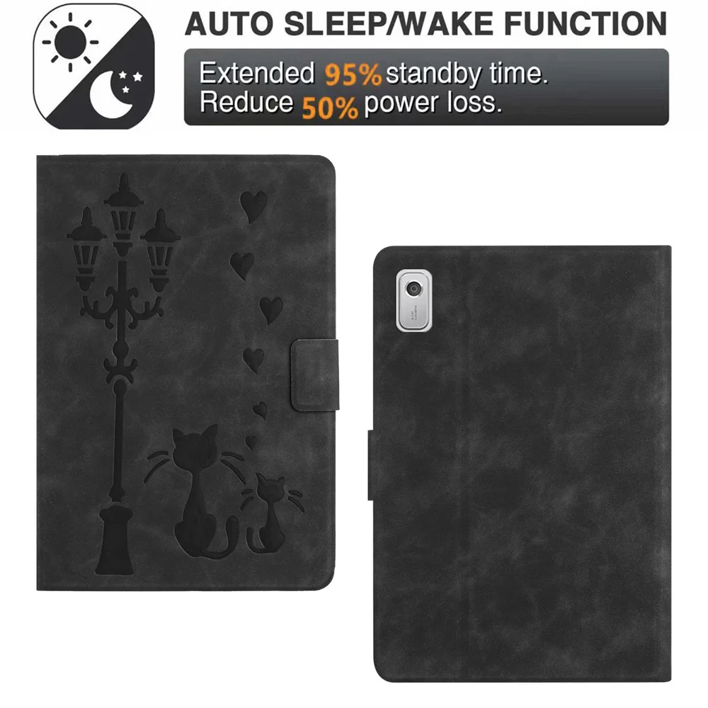 For Lenovo Tab M9 TB-310FU Case Couple Cat Imprinted Microfiber Leather Smart Tablet Cover - Black - Image 7