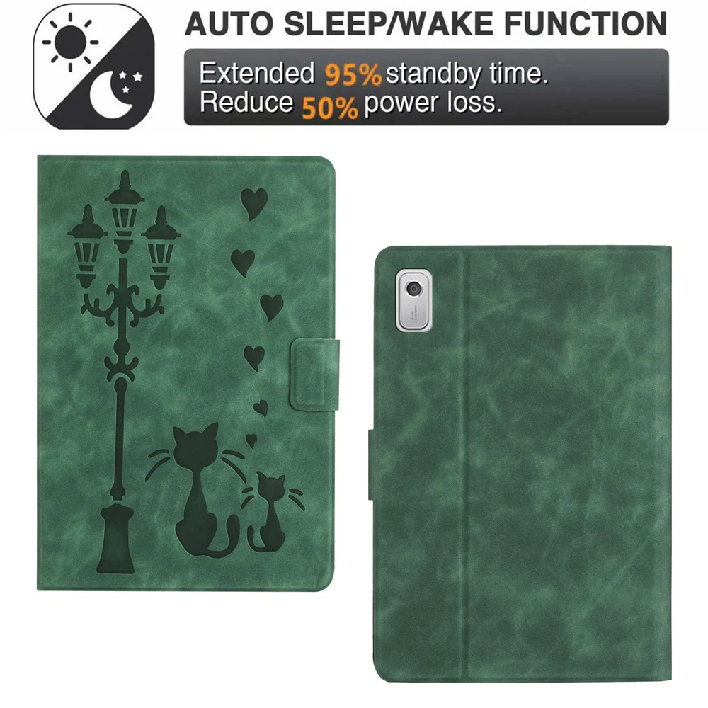 For Lenovo Tab M9 TB-310FU Case Couple Cat Imprinted Microfiber Leather Smart Tablet Cover - Green - Image 7