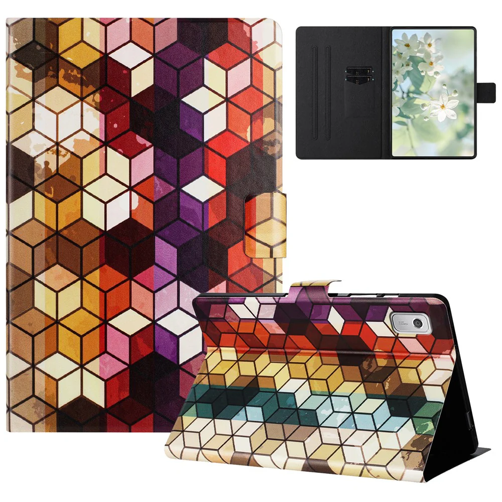 For Lenovo Tab M9 TB-310FU Case Pattern Printed Stand Litchi Texture Leather Tablet Cover with Card Slots - Block