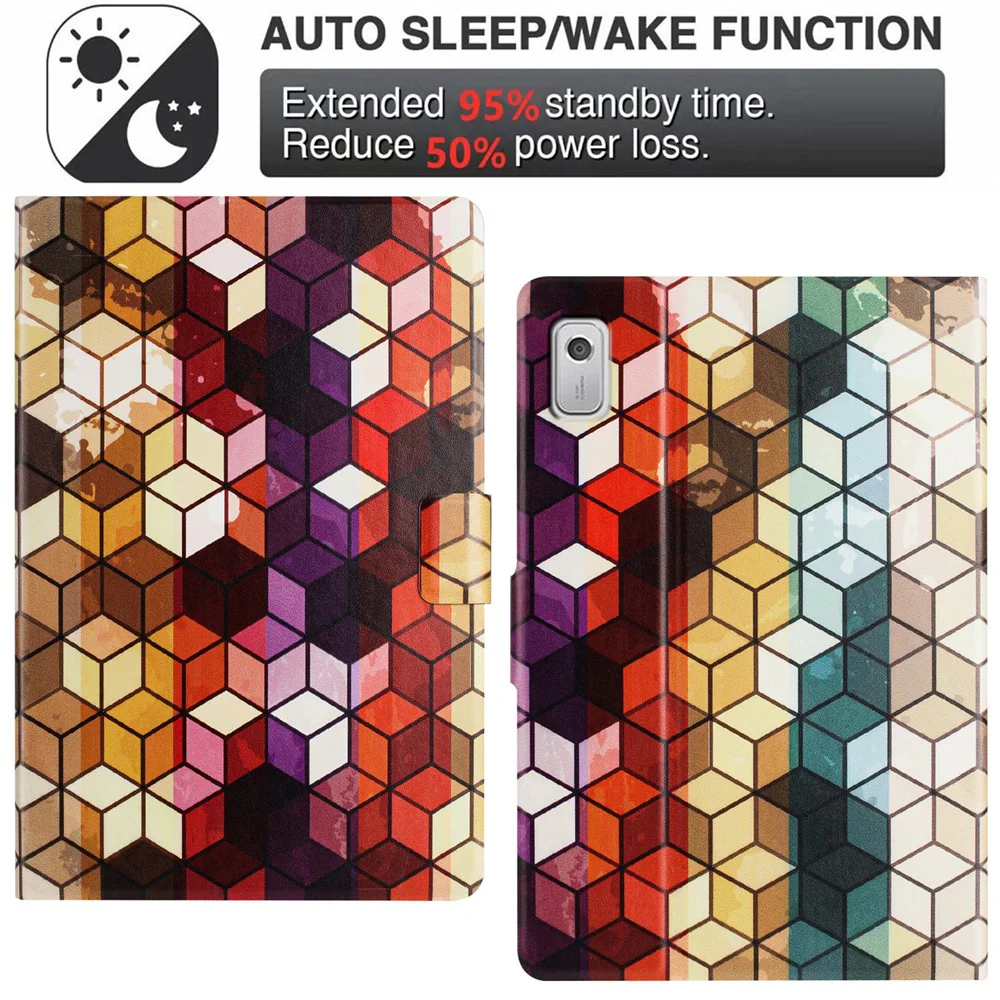 For Lenovo Tab M9 TB-310FU Case Pattern Printed Stand Litchi Texture Leather Tablet Cover with Card Slots - Block - Image 6