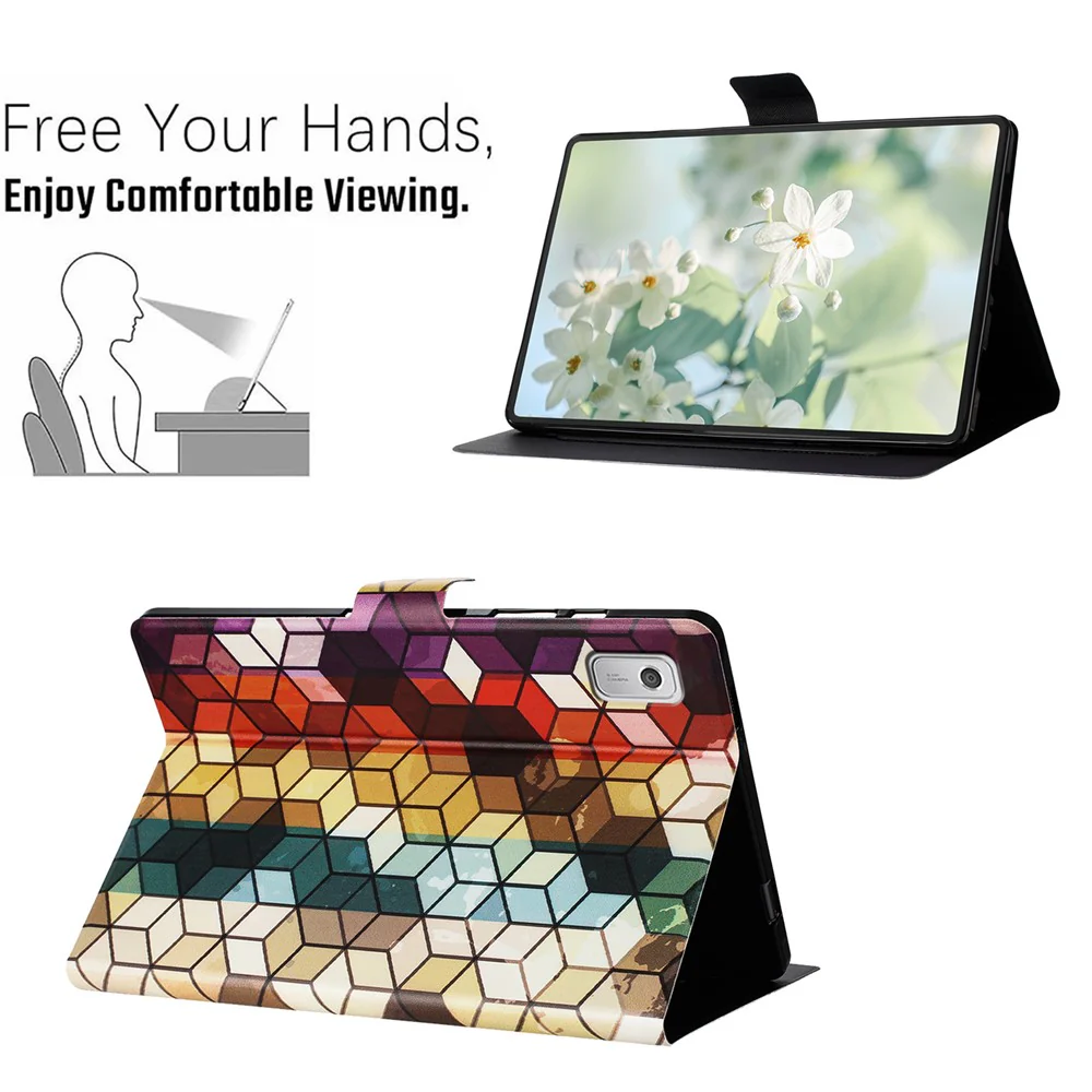 For Lenovo Tab M9 TB-310FU Case Pattern Printed Stand Litchi Texture Leather Tablet Cover with Card Slots - Block - Image 7